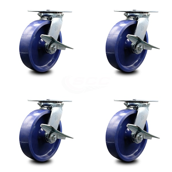 8 Inch Heavy Duty Solid Poly Caster Set with Roller Bearings and Brakes SCC